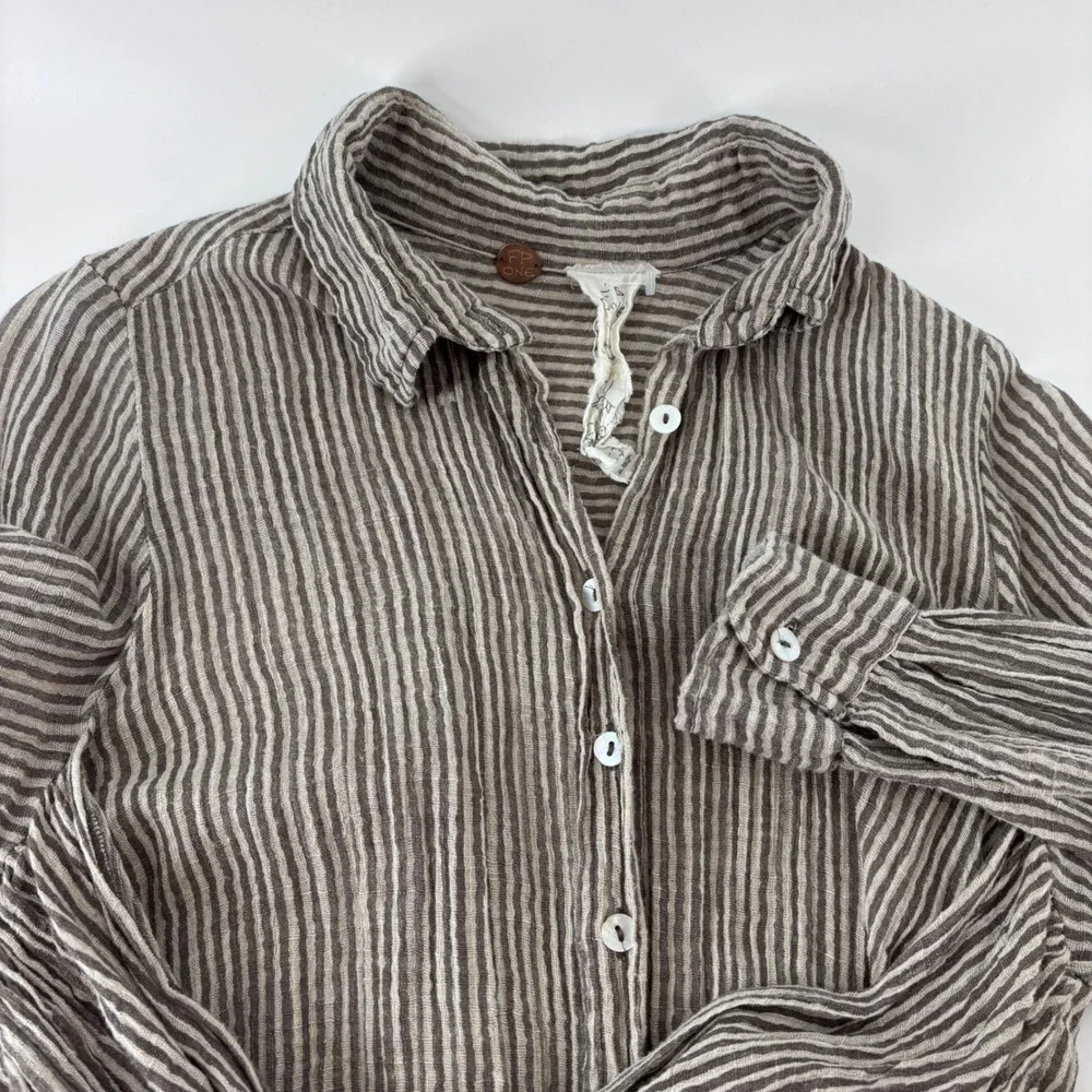 Free People FP One Button Down Shirt Womens XS Brown Striped Tie Waist Boho Top